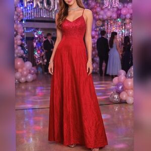 Nadine Vintage 90s Y2K Red Beaded Organza Strappy Maxi Prom Party Dress sz 9